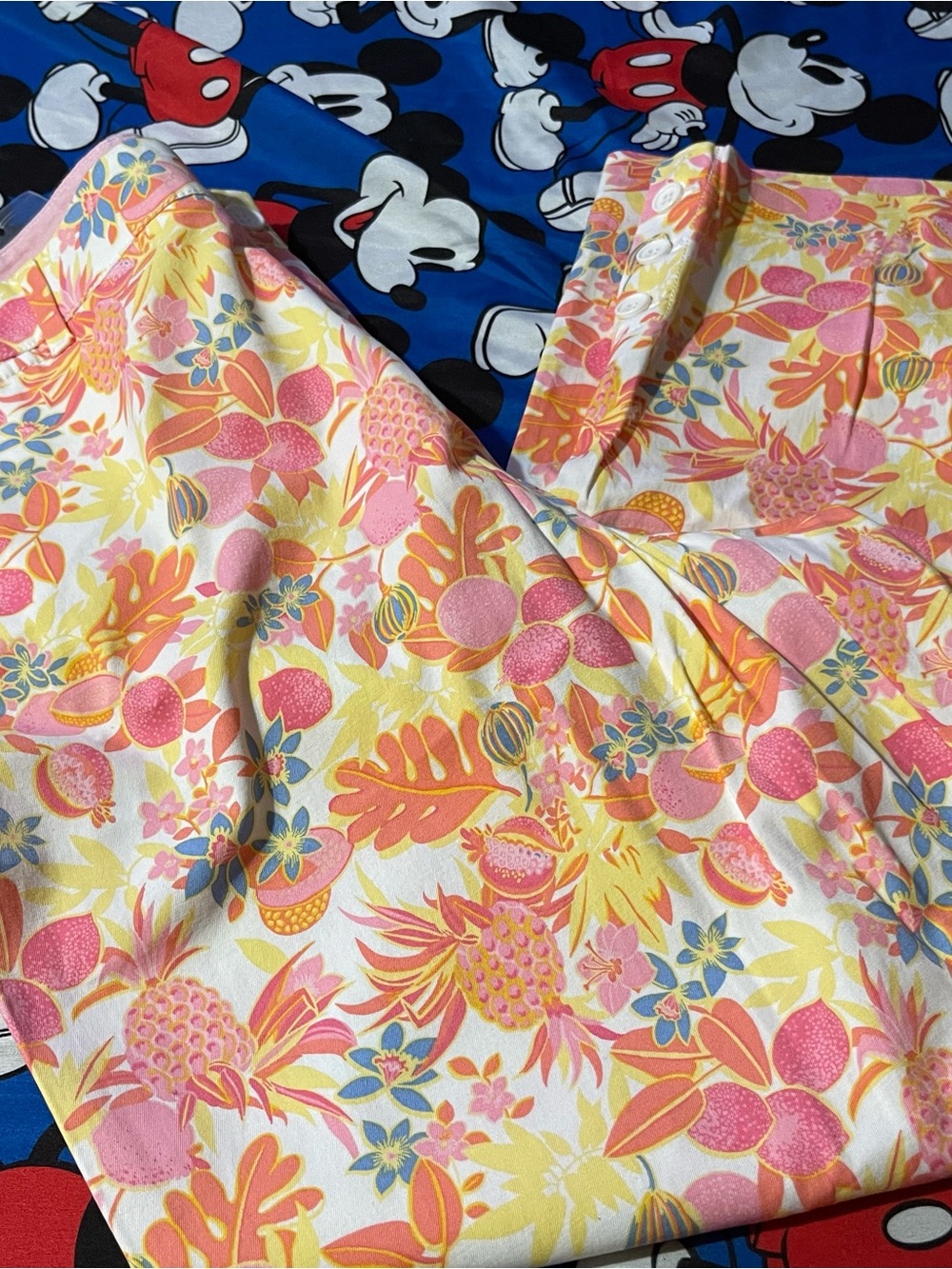 Tropical Floral Cropped pants- Pink, Yellow & Blue Print